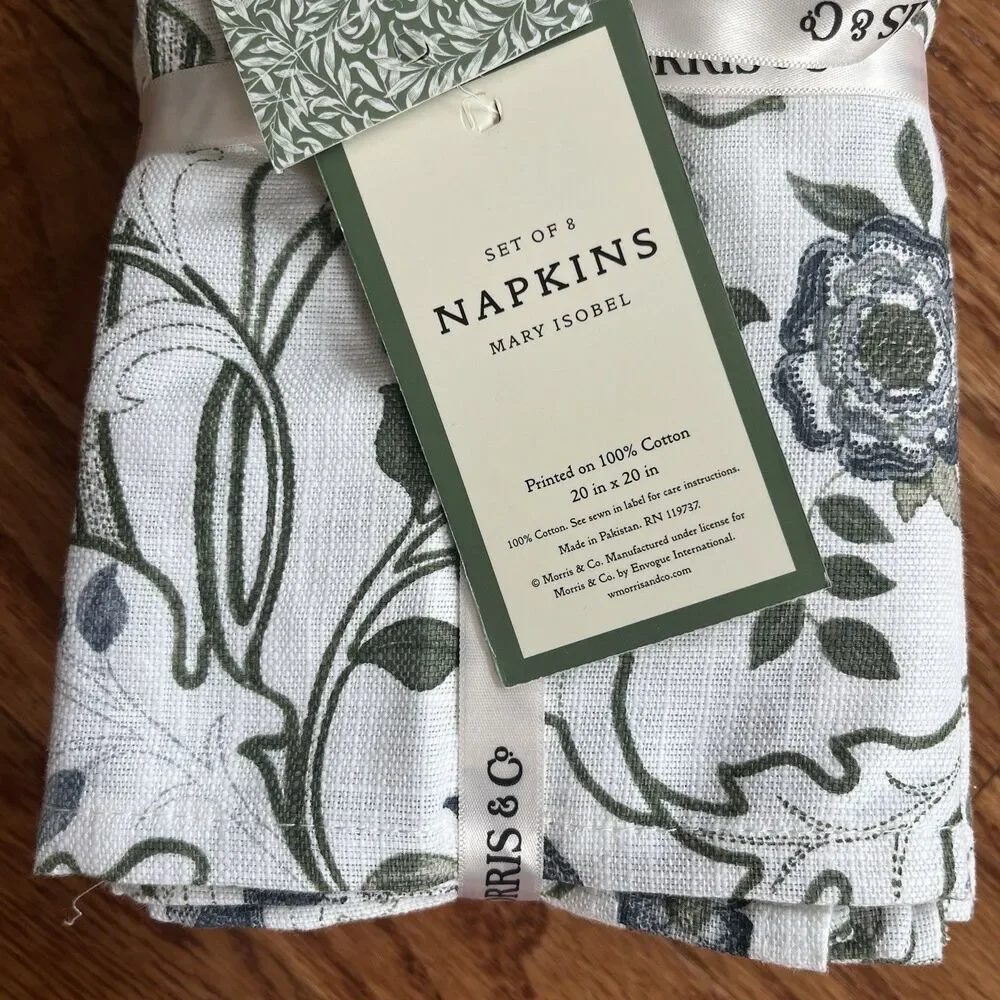 William Morris & Co set of 8 Mary Isobel Floral Table Napkins Cotton 20x20 NEW